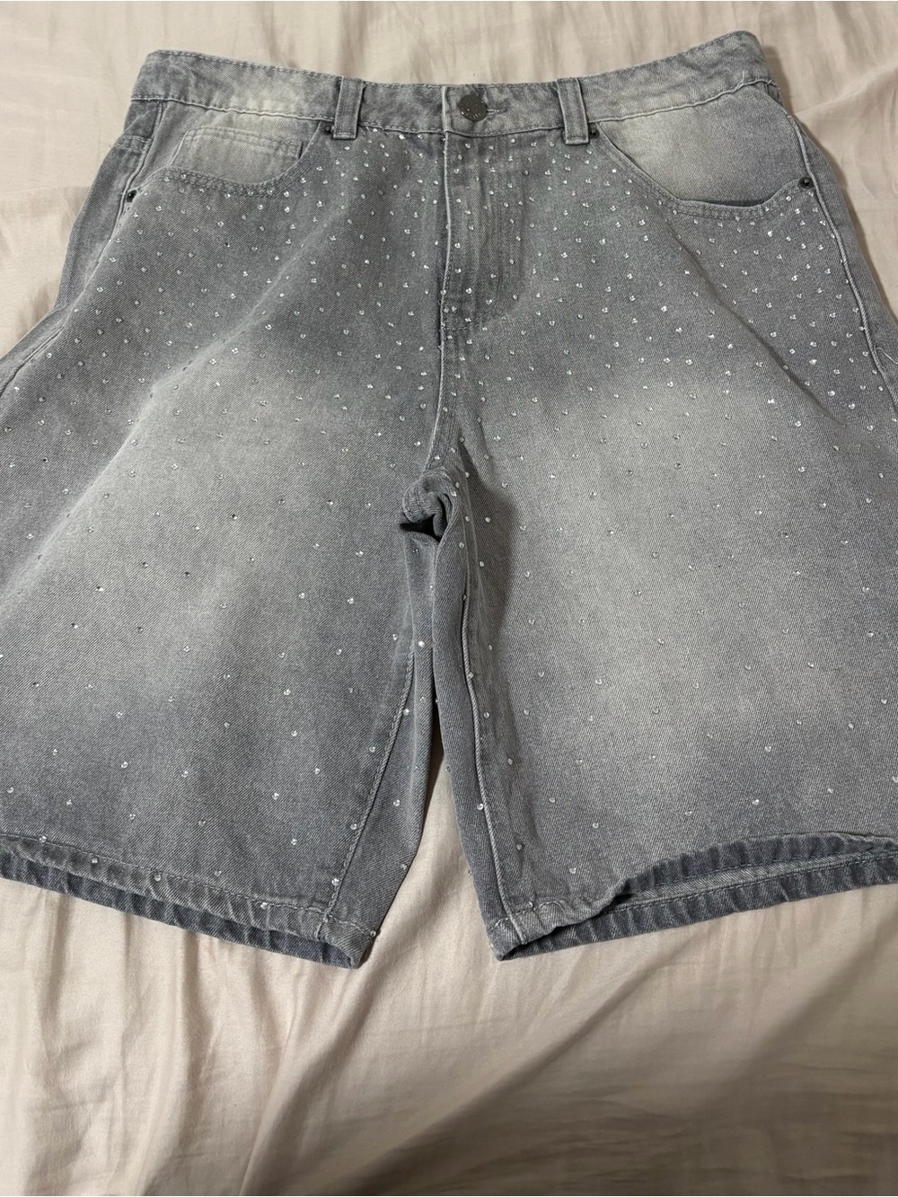 Mens Light Gray Denim Shorts with Shiny White studded gems